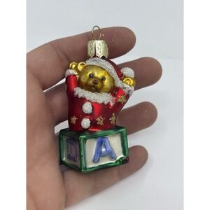 Teddy Bear On Letter Block Glass Christmas Ornament Santa